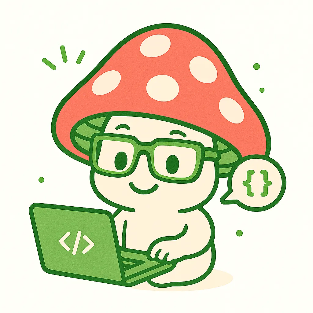 Mascotte Kinoko Web Solutions représentant un champignon humanisé avec un ordinateur portable